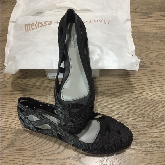 Sz 7 Black Melissa x Jason Wu Jean rubber ribbon flat - Picture 2 of 11